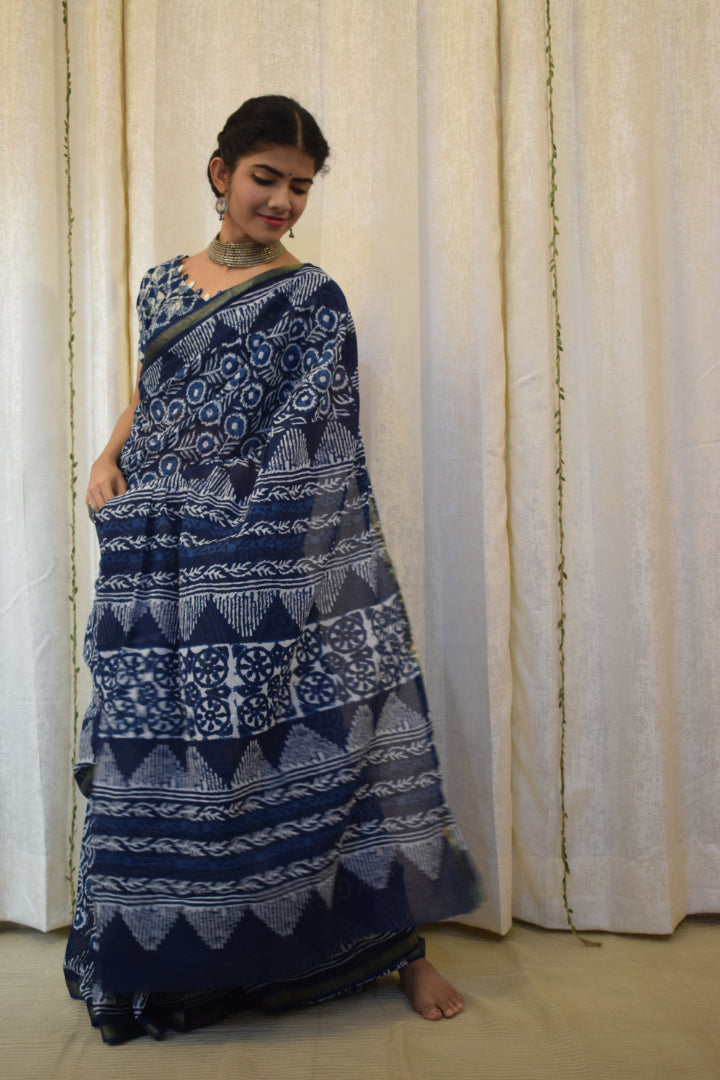 Nirjara: Indigo Hand block Print Cotton Saree