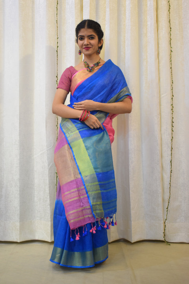 Dhanvi: Pink & Blue Linen Ombre Saree