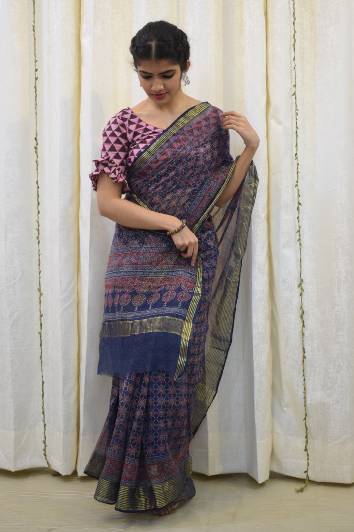 Virusha: Indigo & Red Kota Doria Ajrakh Saree