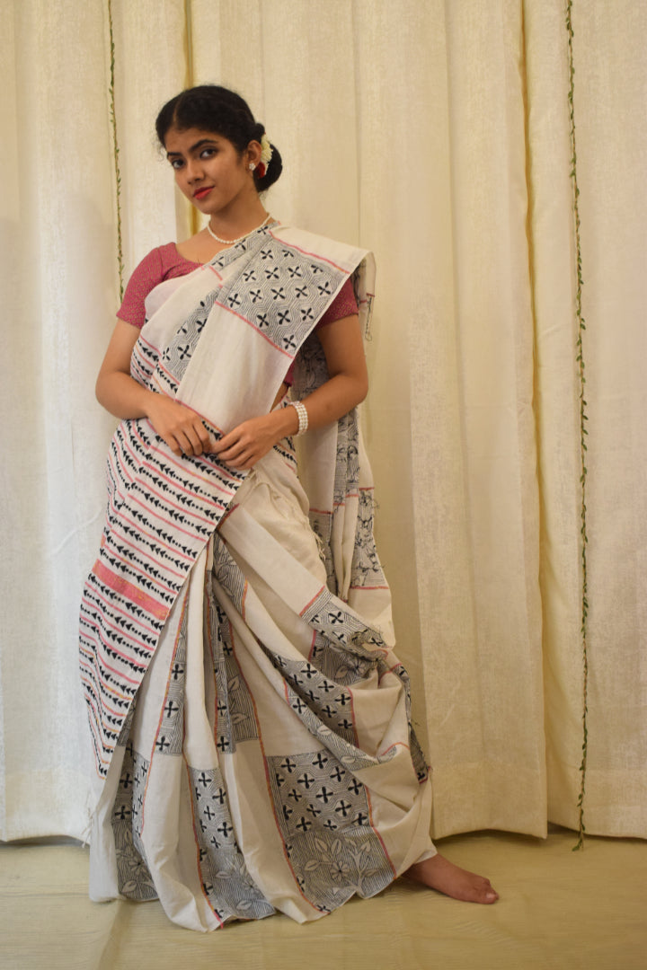 Kairavi: Ivory White Khadi Cotton Kantha Saree