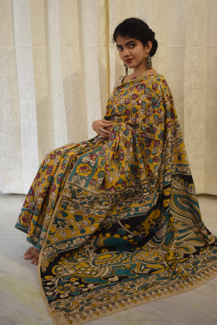 Prakriti - Yellow Cotton Kalamkari Saree