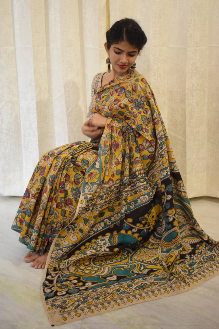 Prakriti - Yellow Cotton Kalamkari Saree