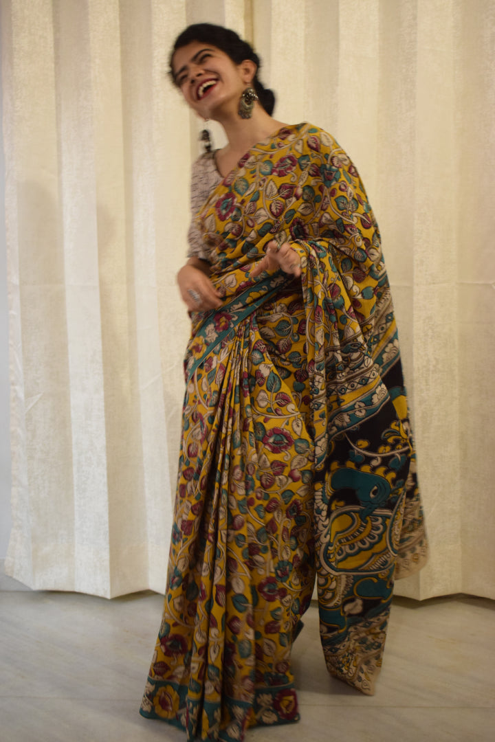 Prakriti - Yellow Cotton Kalamkari Saree