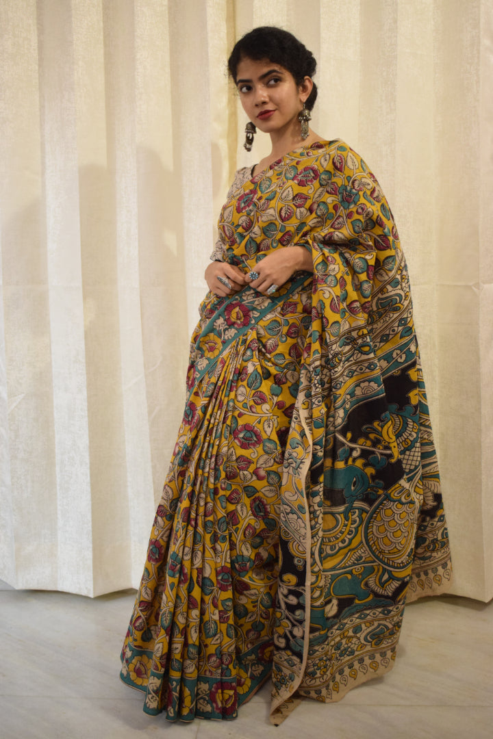 Prakriti - Yellow Cotton Kalamkari Saree