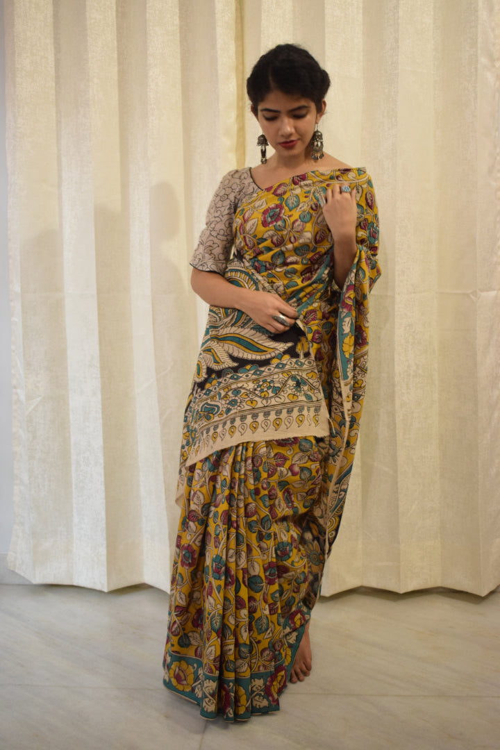 Prakriti - Yellow Cotton Kalamkari Saree