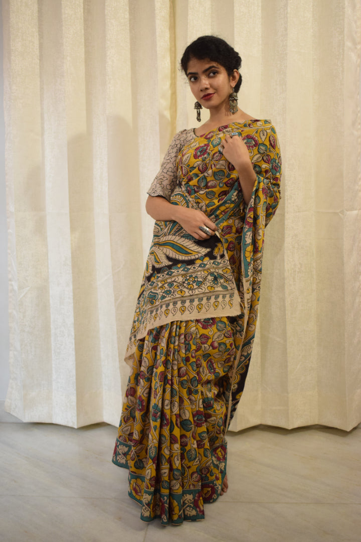 Prakriti - Yellow Cotton Kalamkari Saree