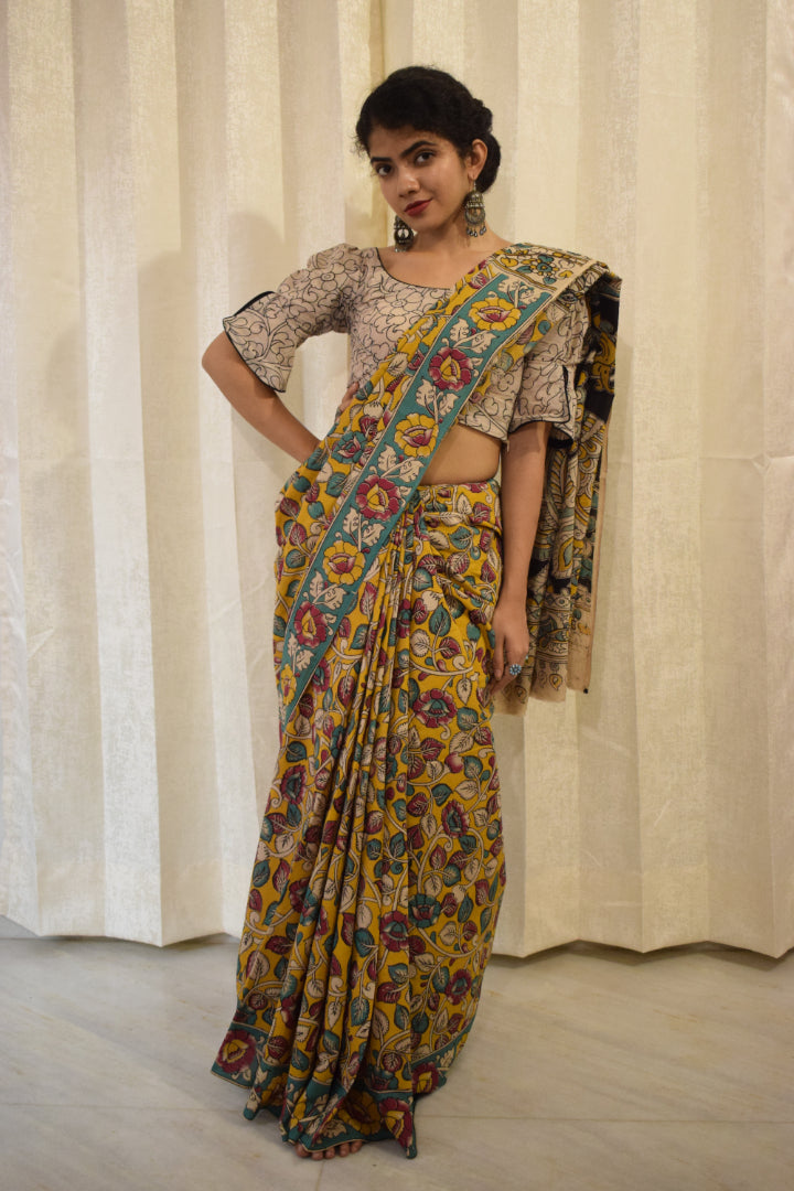 Prakriti - Yellow Cotton Kalamkari Saree