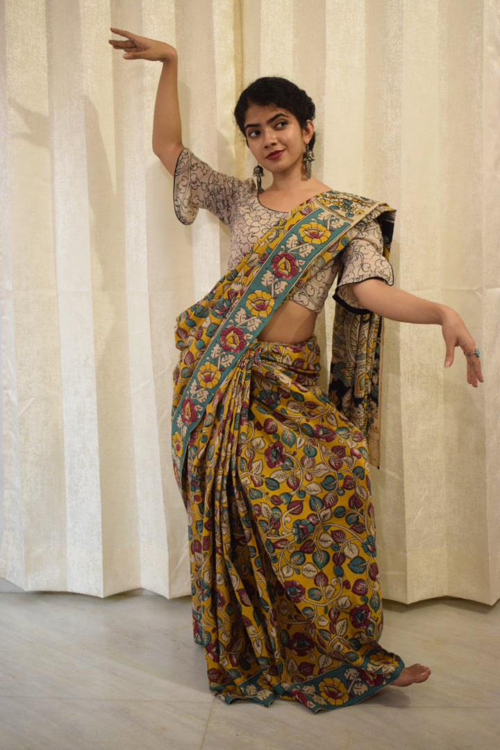 Prakriti - Yellow Cotton Kalamkari Saree