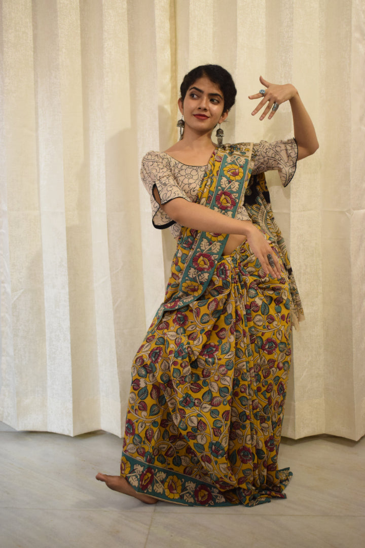 Prakriti - Yellow Cotton Kalamkari Saree