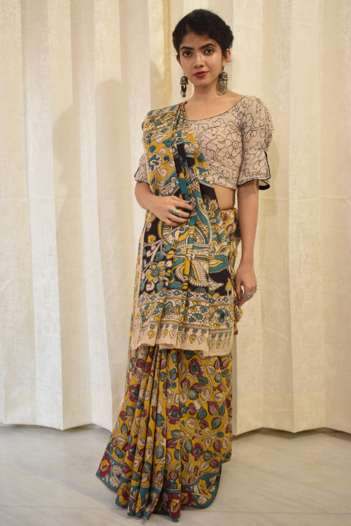 Prakriti - Yellow Cotton Kalamkari Saree