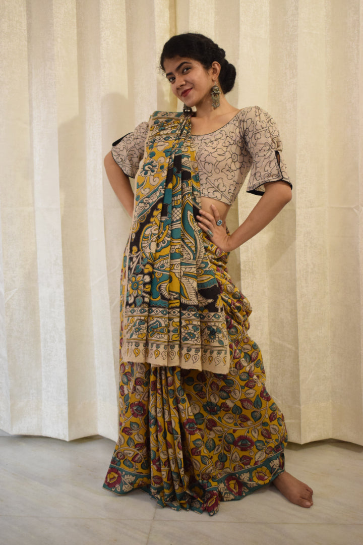 Prakriti - Yellow Cotton Kalamkari Saree