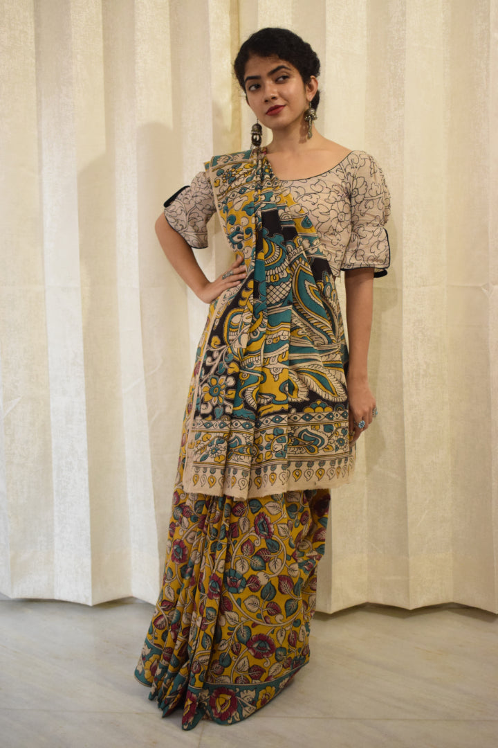 Prakriti - Yellow Cotton Kalamkari Saree