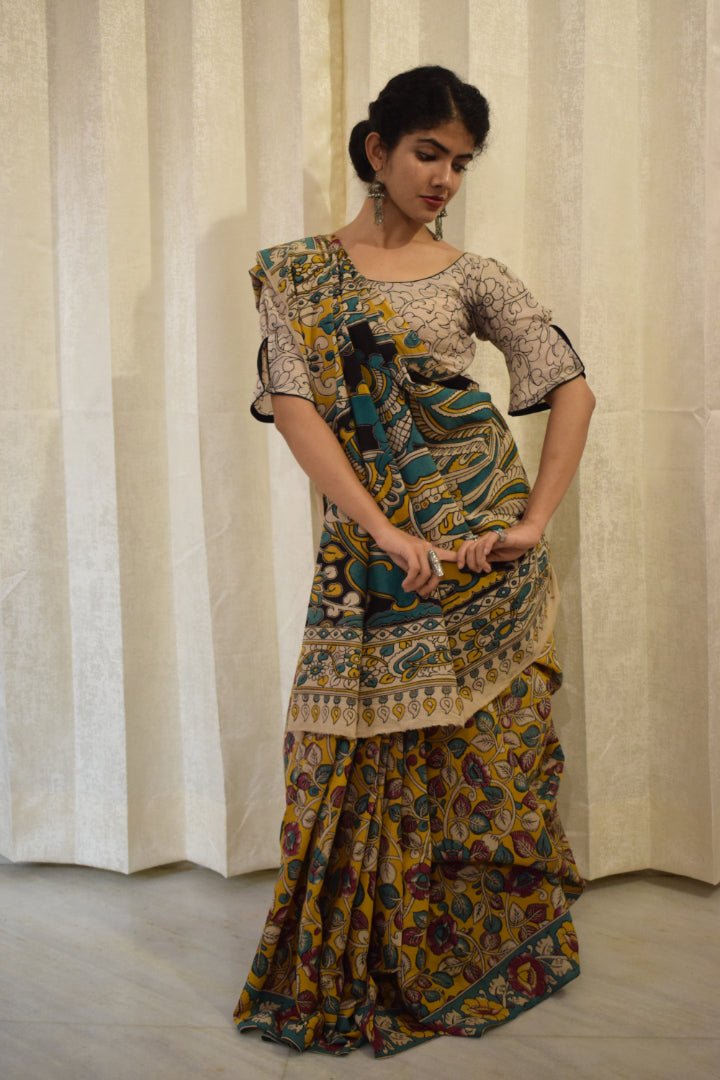 Prakriti - Yellow Cotton Kalamkari Saree