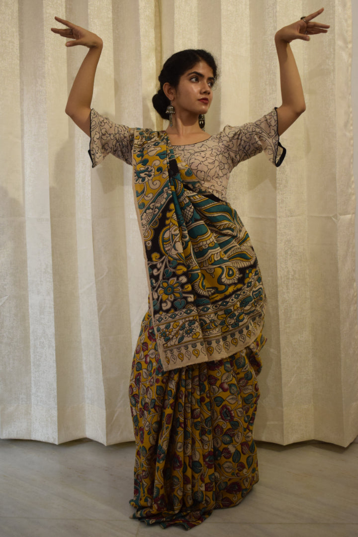 Prakriti - Yellow Cotton Kalamkari Saree