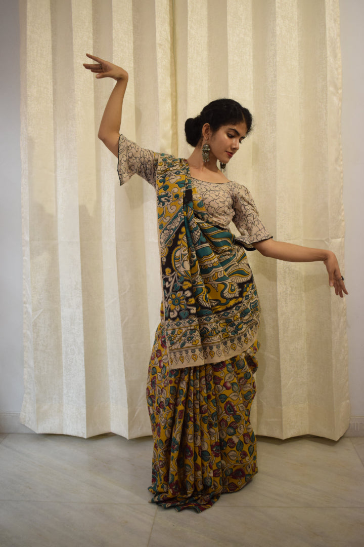 Prakriti - Yellow Cotton Kalamkari Saree