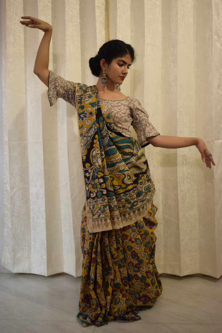 Prakriti - Yellow Cotton Kalamkari Saree