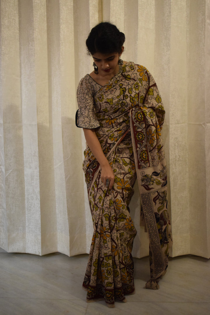 Prakriti - Yellow Cotton Kalamkari Saree
