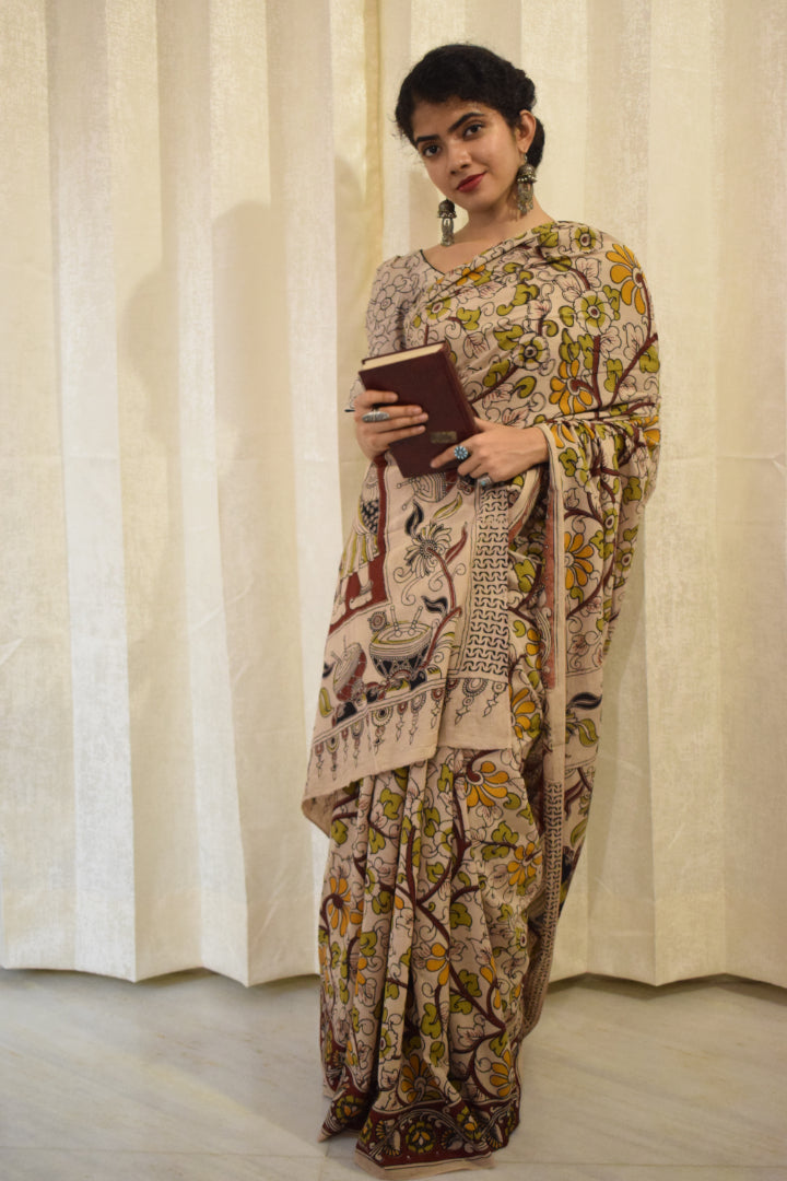 Vivāhika - Off White Cotton Kalamkari Saree