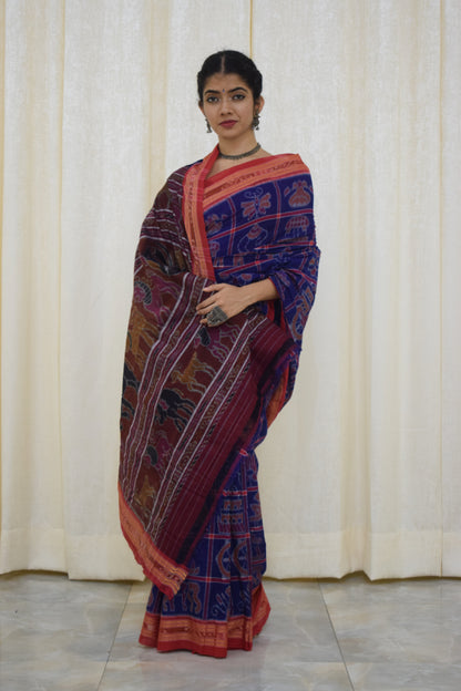 Takshvi: Dark blue Sambalpuri Nabakothi cotton saree