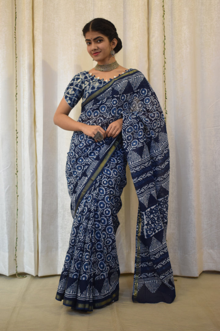 Nirjara: Indigo Hand block Print Cotton Saree