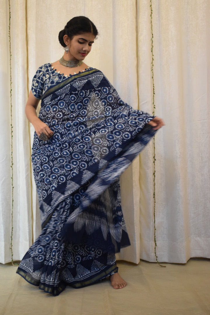 Nirjara: Indigo Hand block Print Cotton Saree