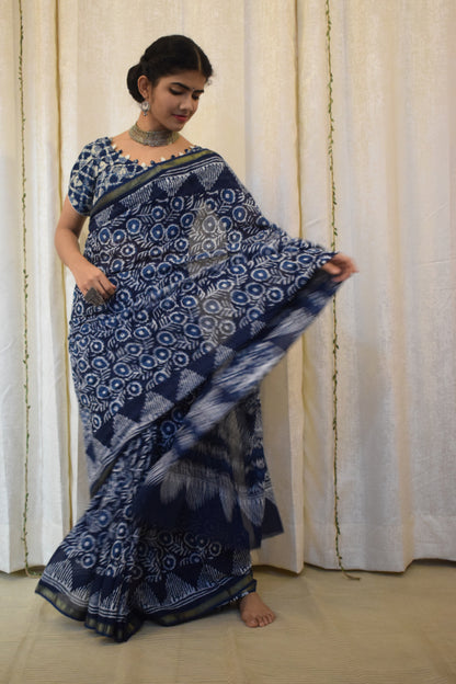 Nirjara: Indigo Hand block Print Cotton Saree