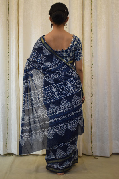 Nirjara: Indigo Hand block Print Cotton Saree