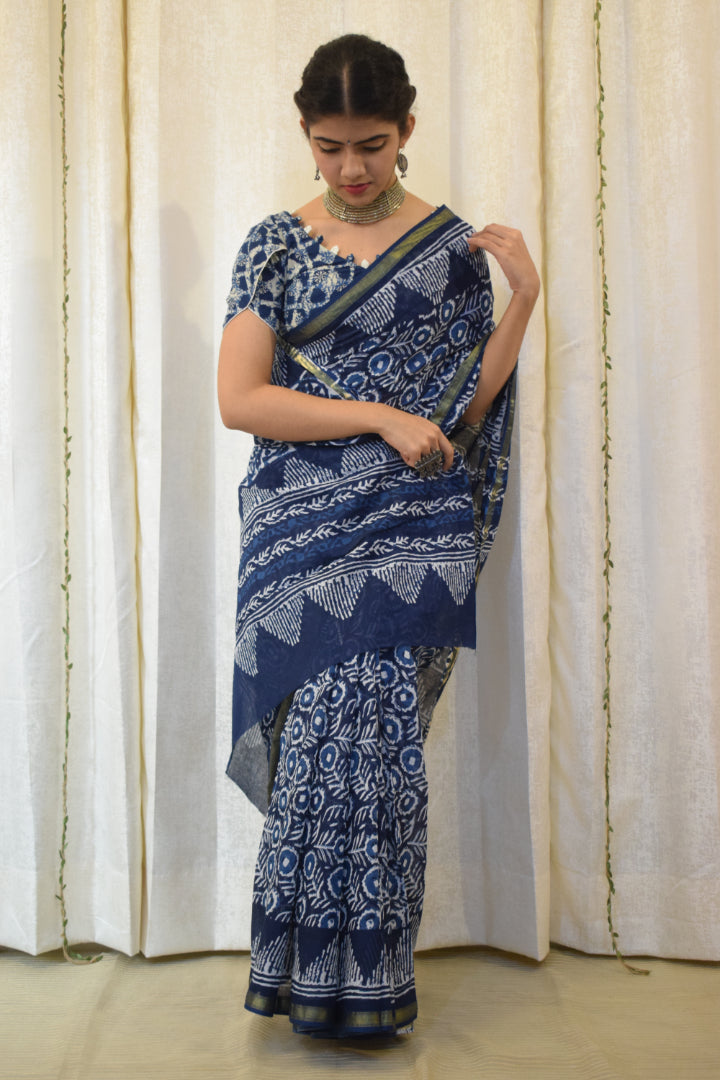Nirjara: Indigo Hand block Print Cotton Saree