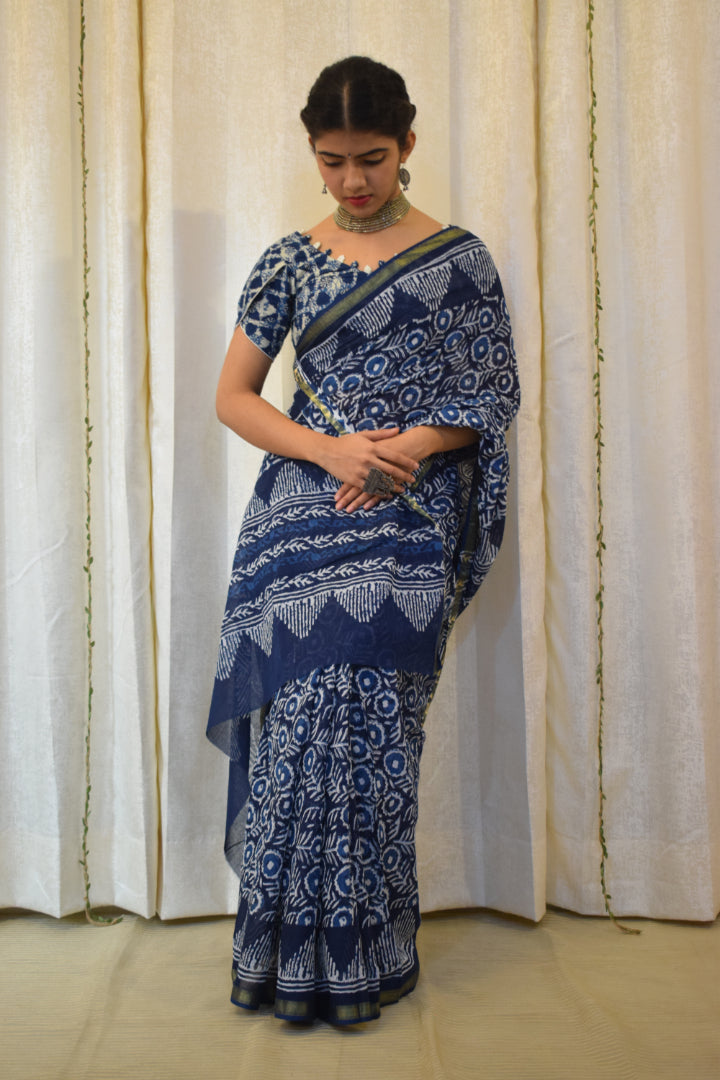 Nirjara: Indigo Hand block Print Cotton Saree