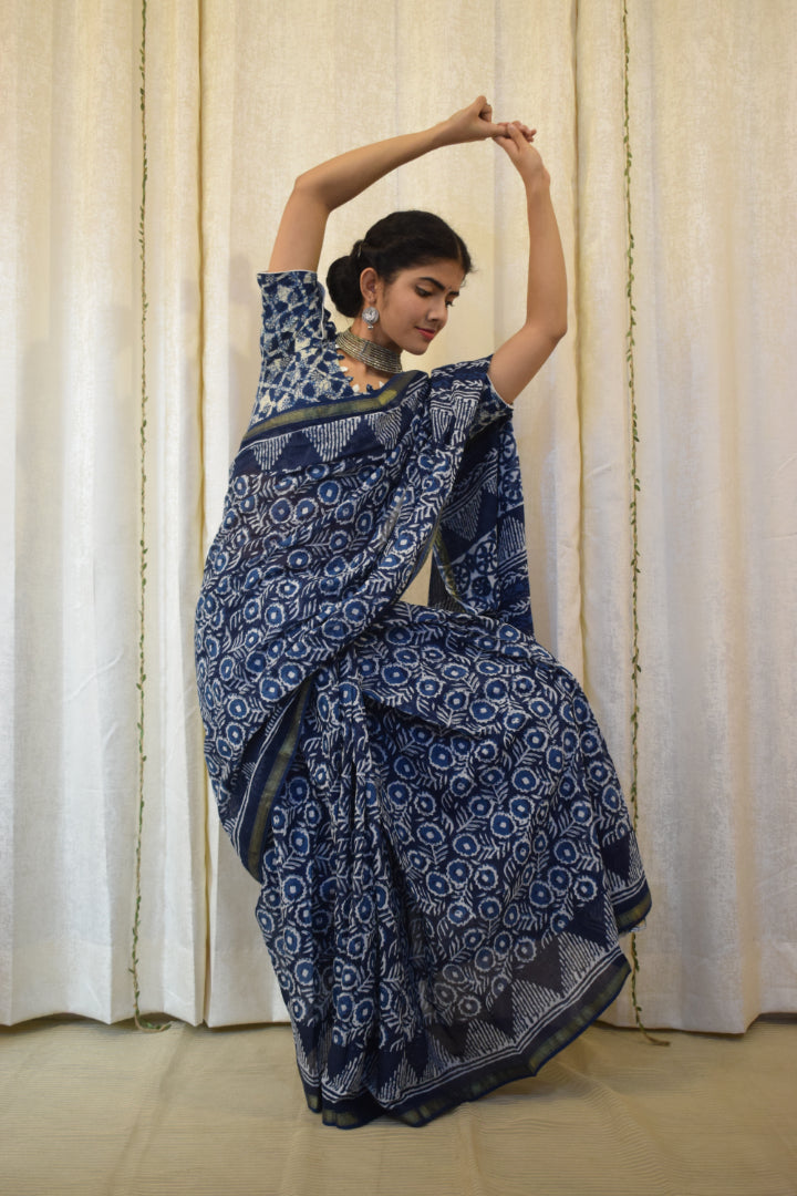 Nirjara: Indigo Hand block Print Cotton Saree