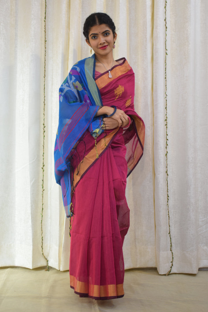 Narayani: Magenta & Blue Cotton-Silk Jamdani Saree