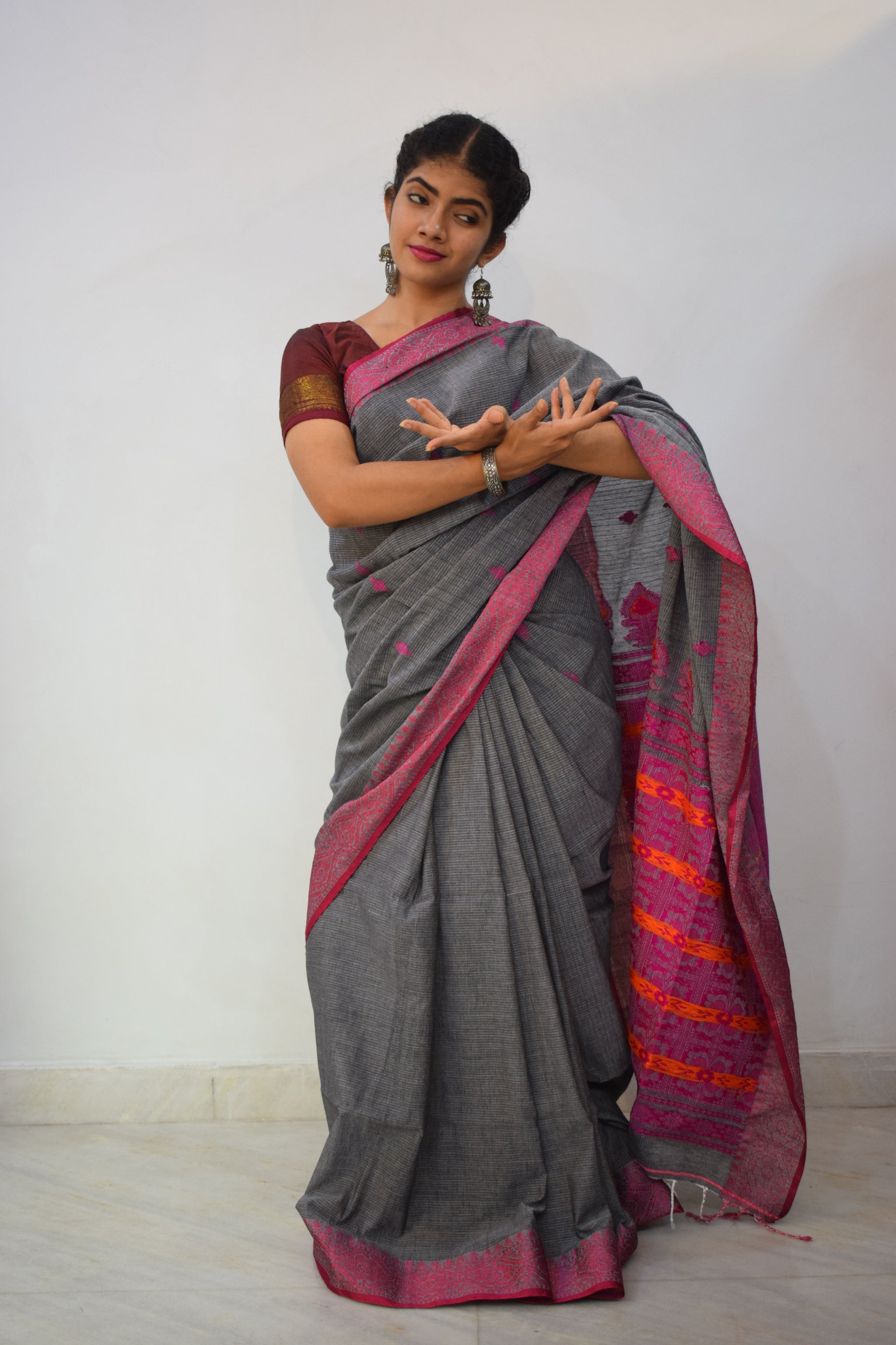 Grey Khadi Cotton Saree main image 1