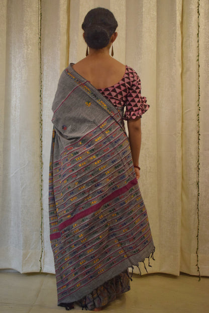 Gauravi: Ash Grey Khadi Cotton Kantha Saree