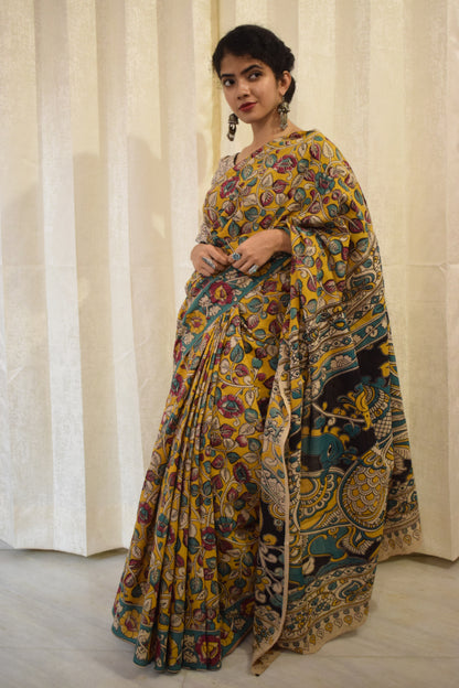 Prakriti - Yellow Cotton Kalamkari Saree