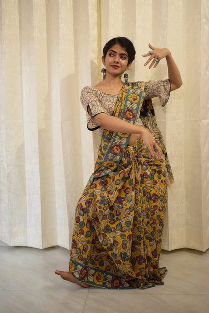 Prakriti - Yellow Cotton Kalamkari Saree