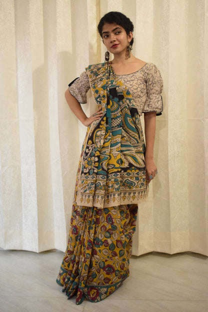 Prakriti - Yellow Cotton Kalamkari Saree