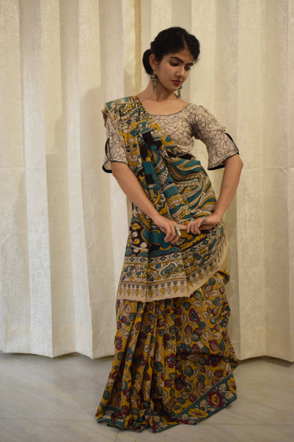 Prakriti - Yellow Cotton Kalamkari Saree