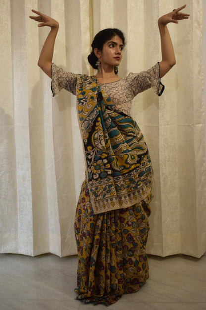 Prakriti - Yellow Cotton Kalamkari Saree