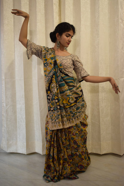 Prakriti - Yellow Cotton Kalamkari Saree