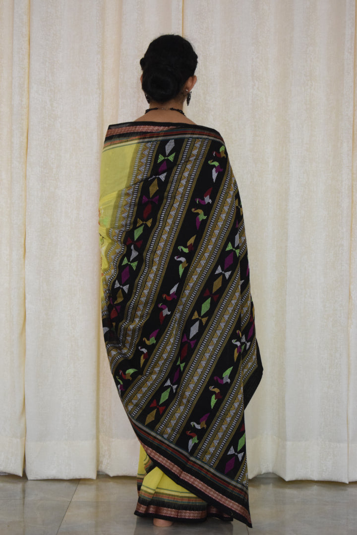 Aarunya: Yellow & Black Ganjam Bomkai cotton saree